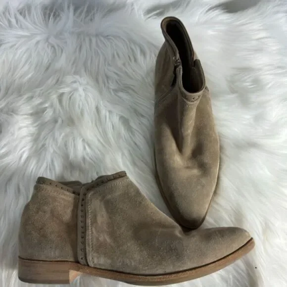 Italeau Miralda Handmade Italian Tan Suede Side Zip Booties Sz 37.5/US 7 - Picture 2 of 8